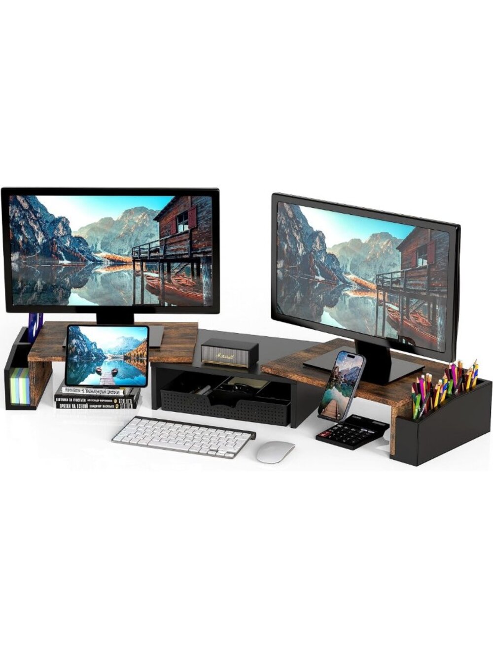 Rustic Brown Dual Monitor Stand Riser with Drawer for Home Office & Desk